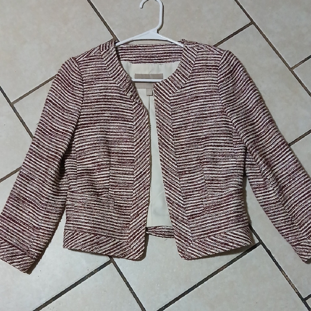 BANANA REPUBLIC Women's Size 2 Petite Burgundy & Cream Semi Cropped Blazer